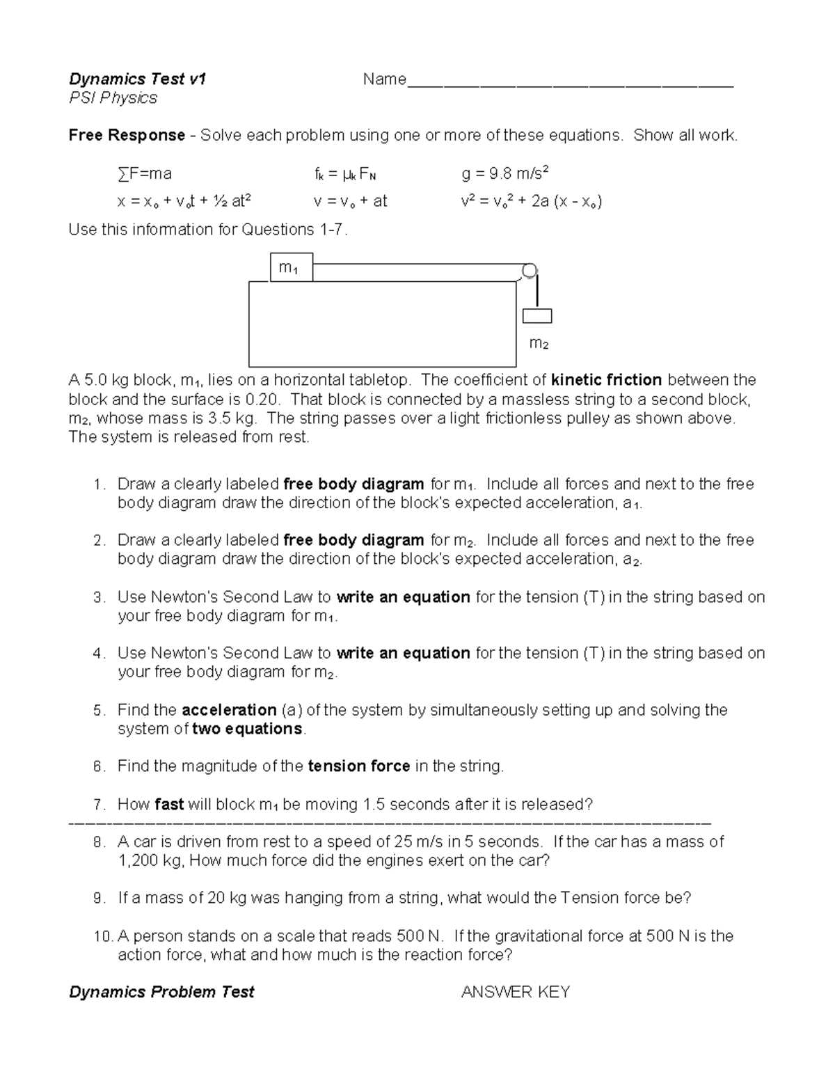 dynamics test v1 psi physics answers