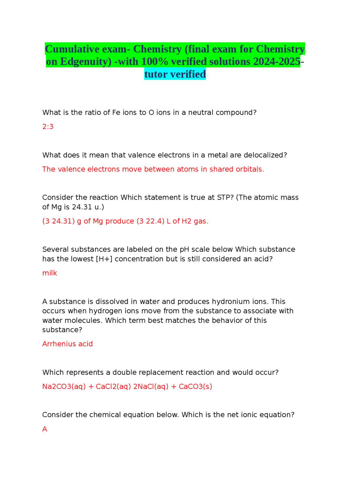 edgenuity chemistry cumulative exam answers