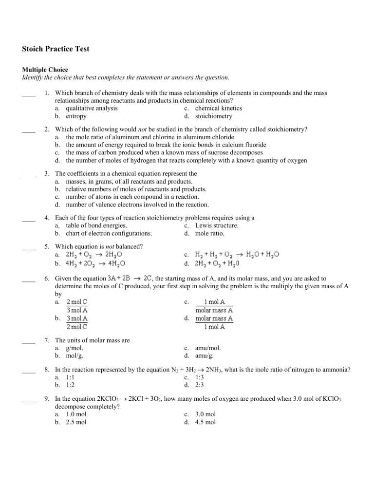 chapter 9 test review stoichiometry answers