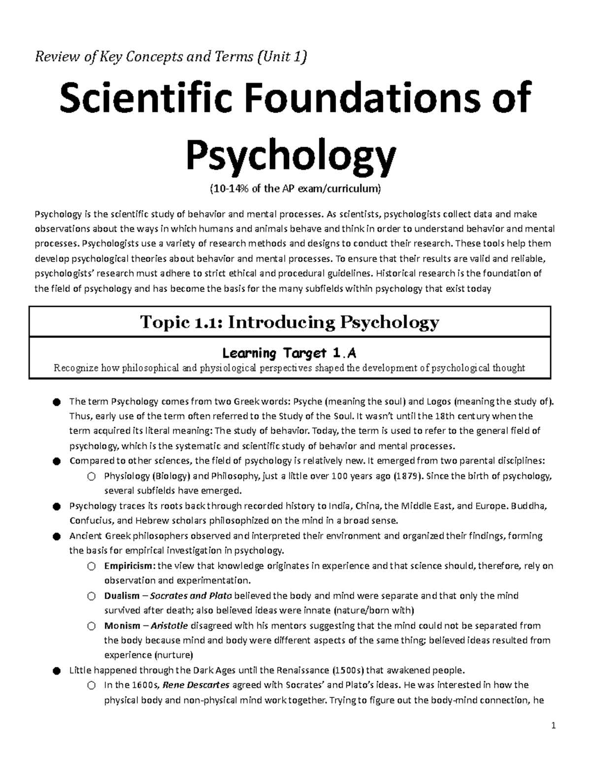 ap psychology unit 1 practice test answers