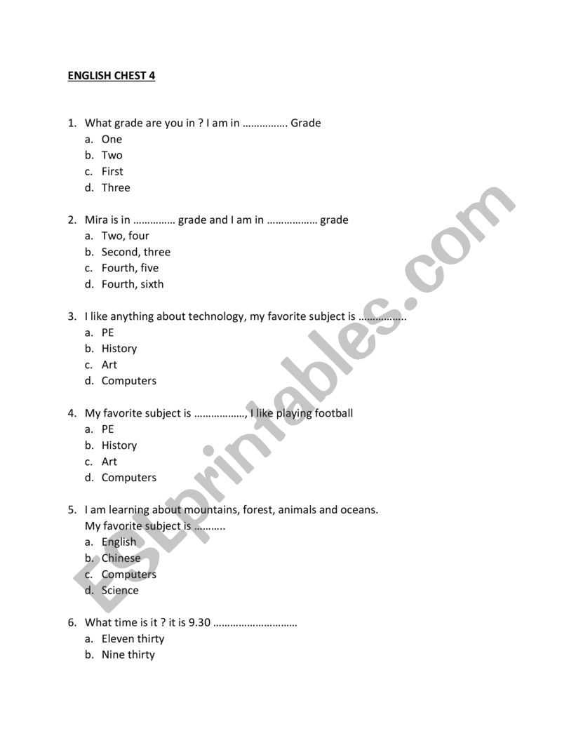 example of multiple choice test in english with answers