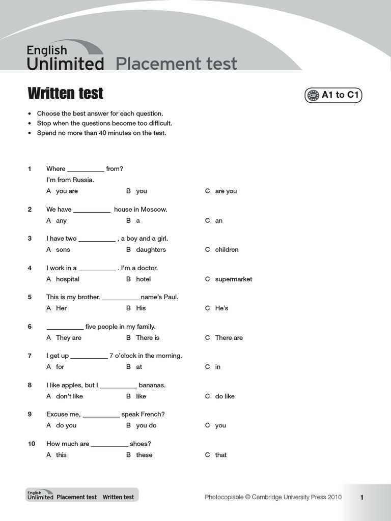 english language placement test with answers