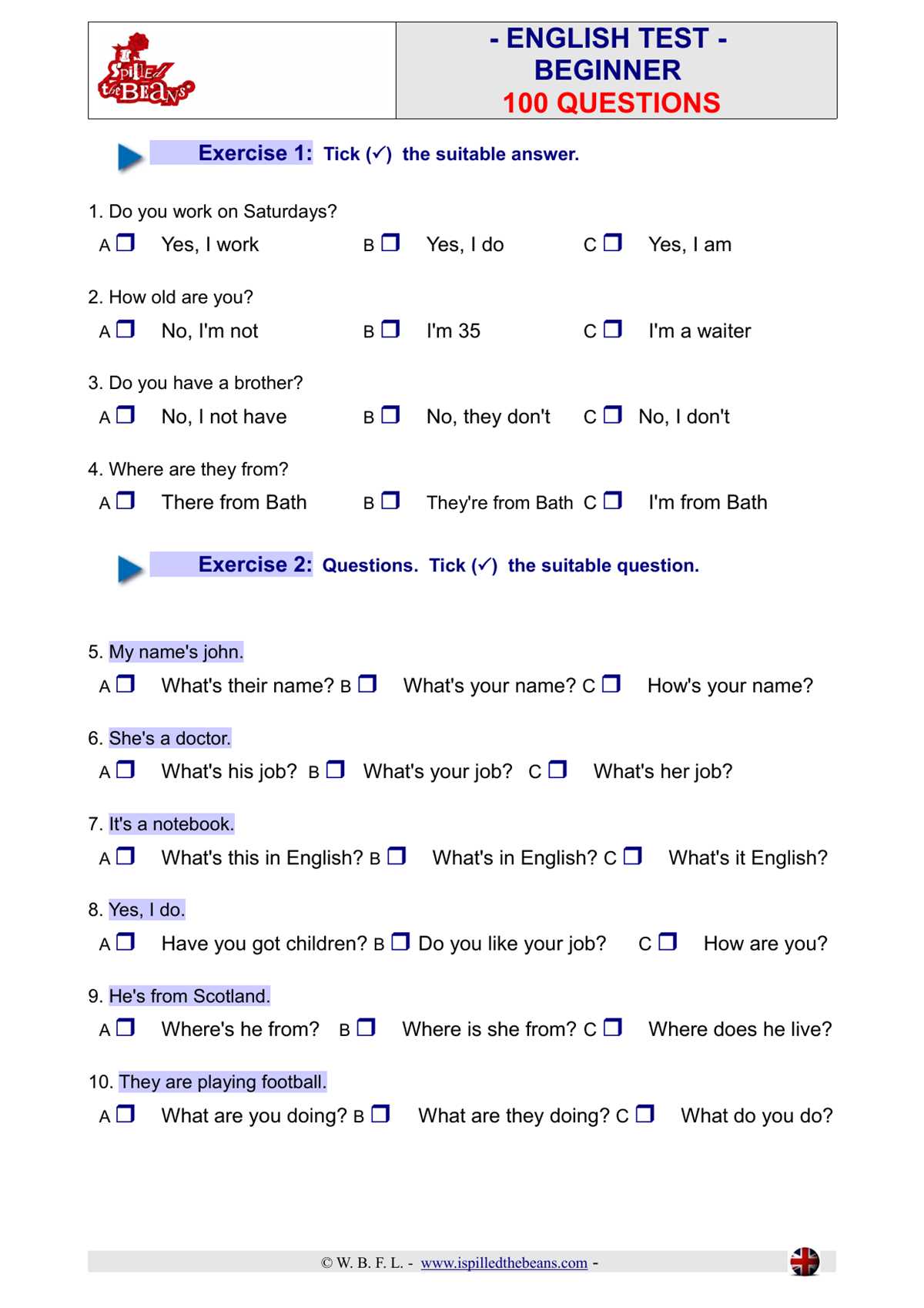 english test pre intermediate 100 questions answers
