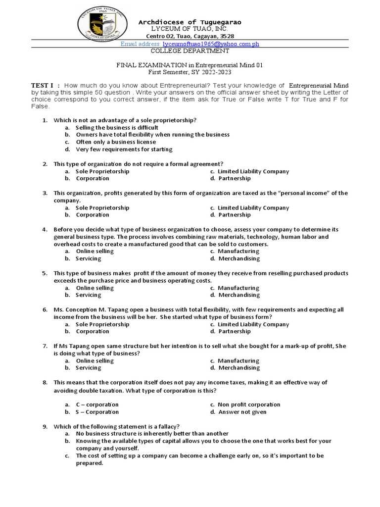 entrepreneurship final exam questions and answers 2026