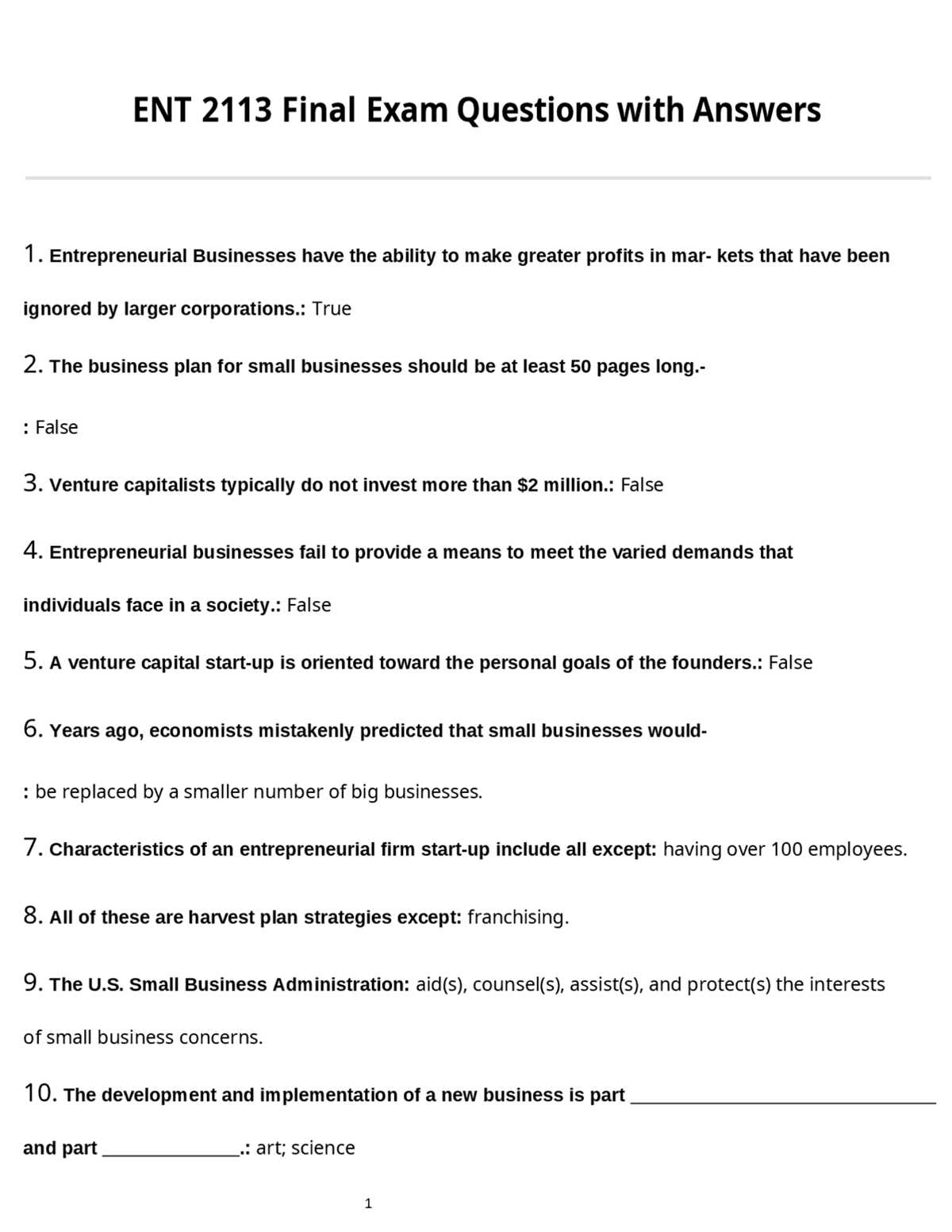 entrepreneurship final exam questions and answers 2026