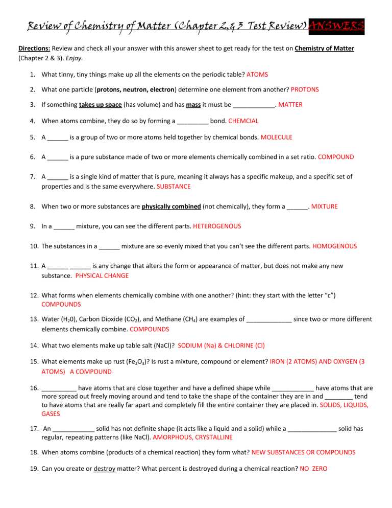 chapter 3 test chemistry answers