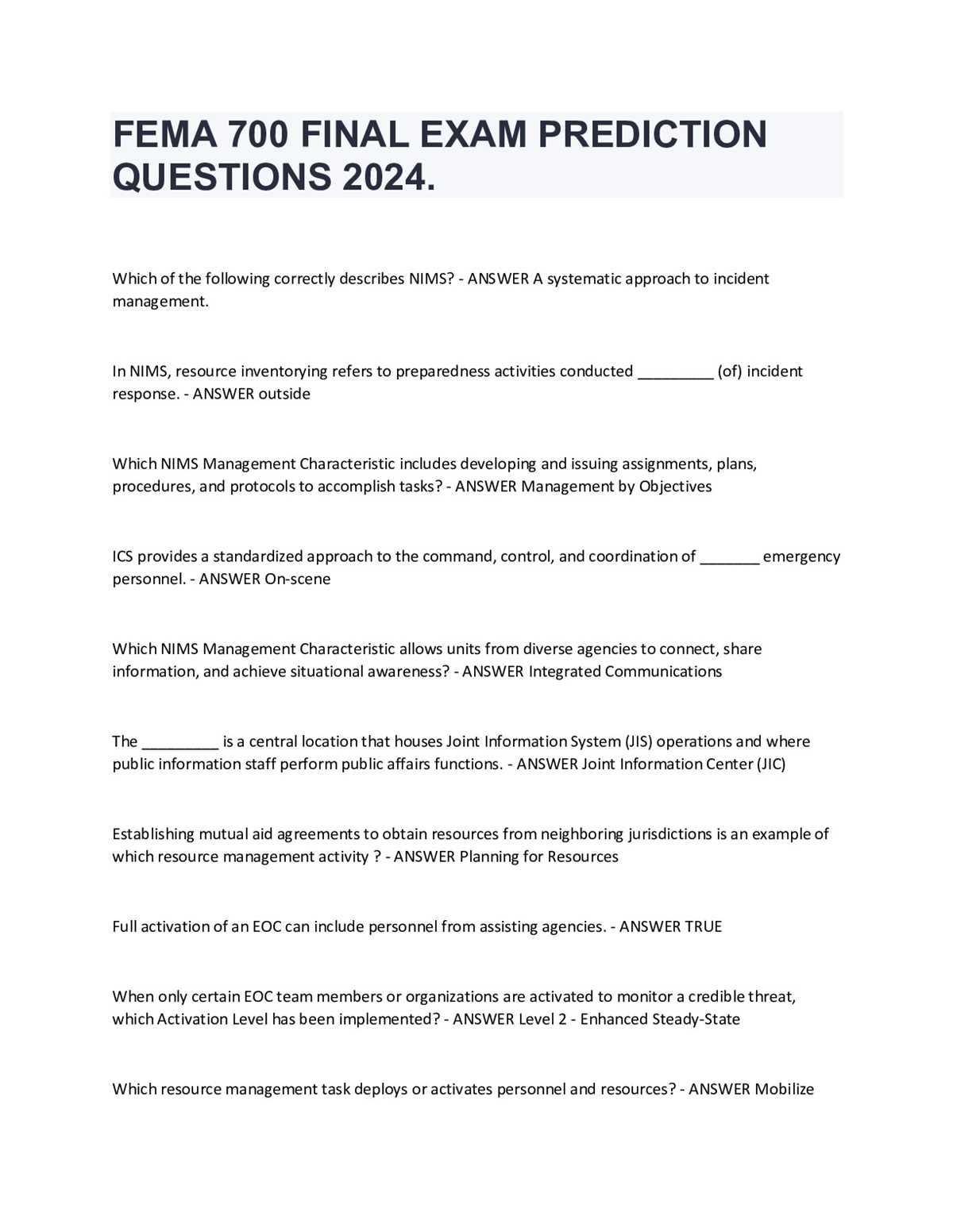 fema final exam is 700 a answers