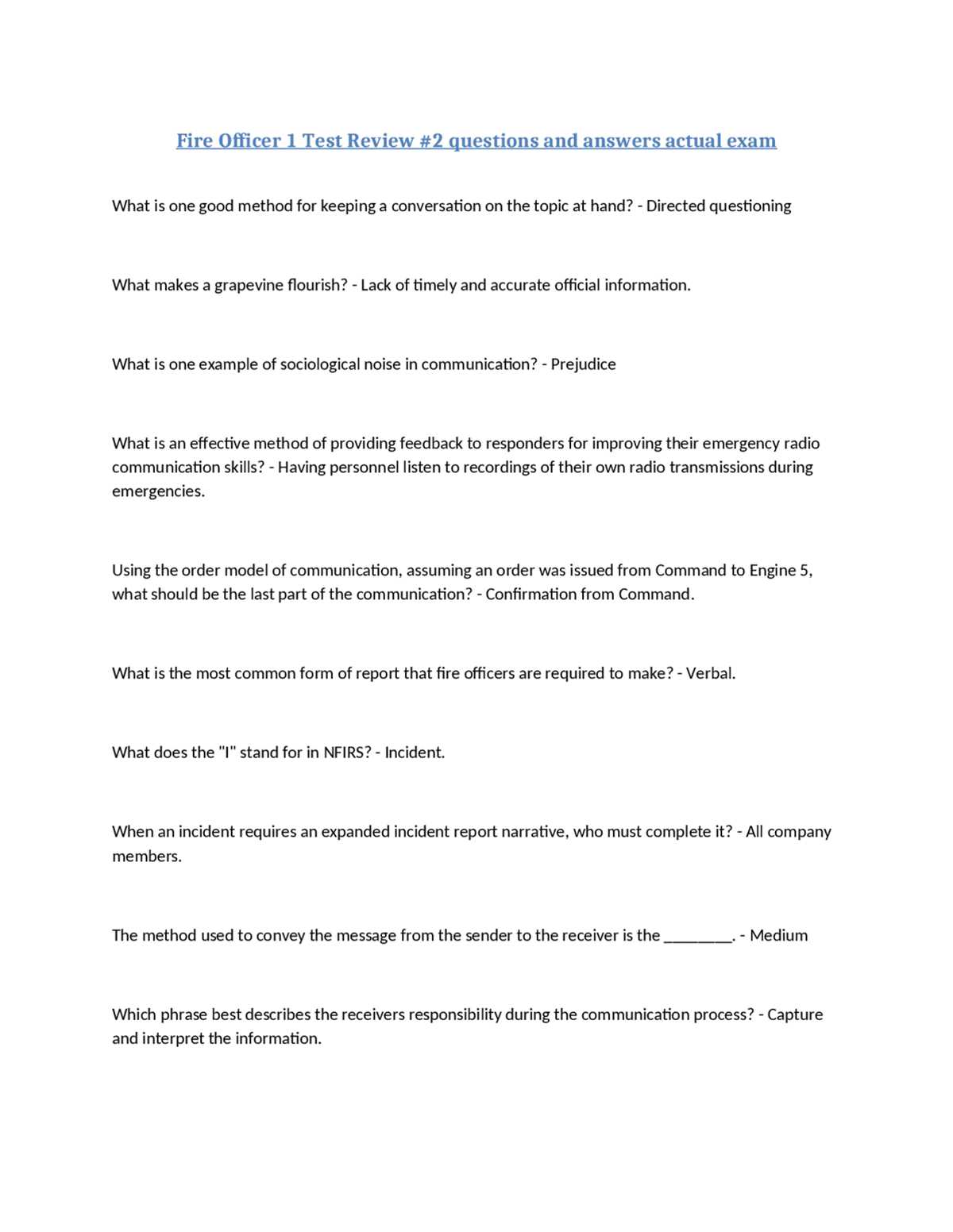 fire officer 1 test answers