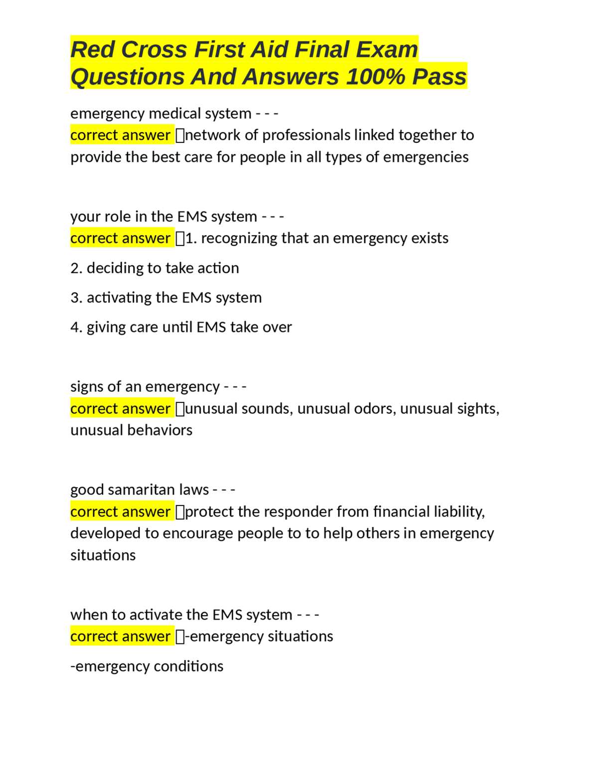 first aid course exam questions and answers
