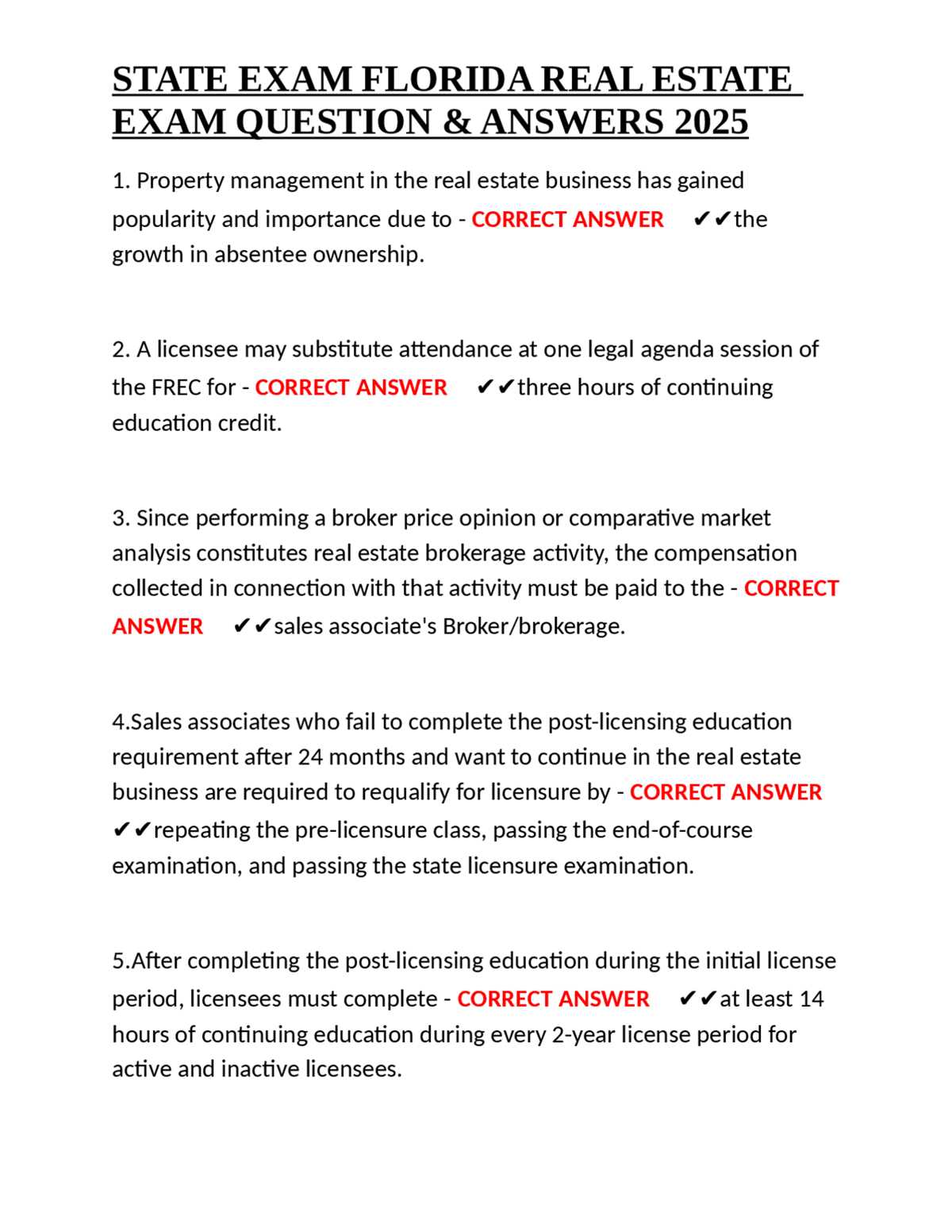 florida real estate exam questions and answers
