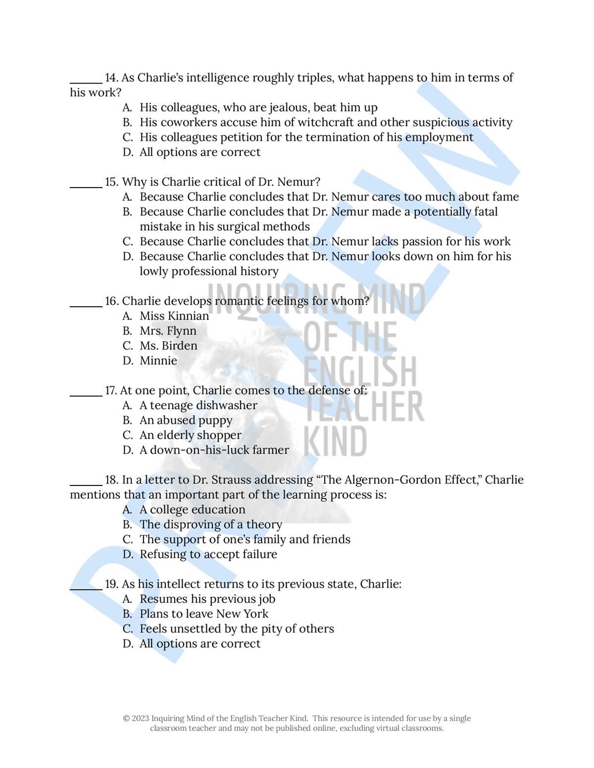 flowers for algernon selection test answers