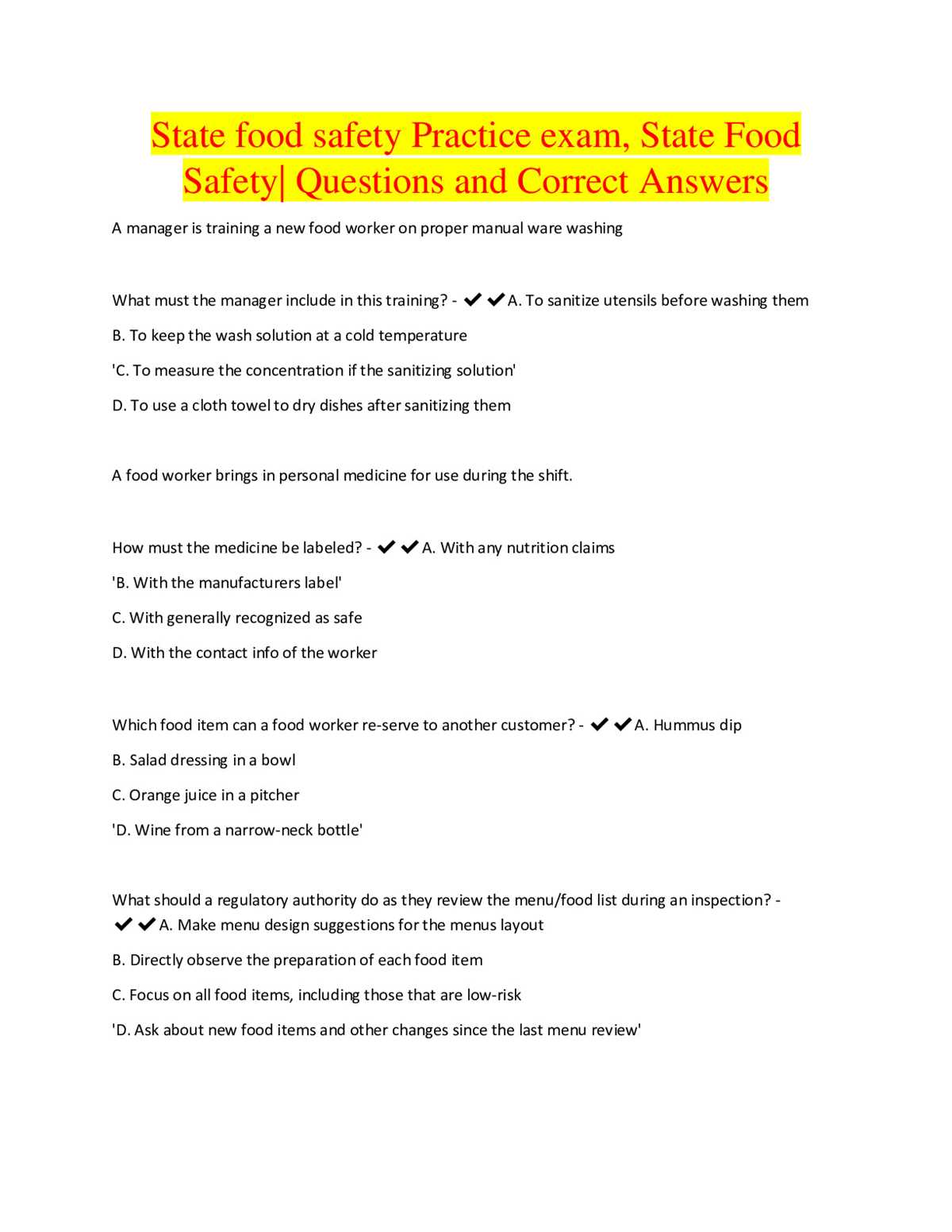 food protection exam answers