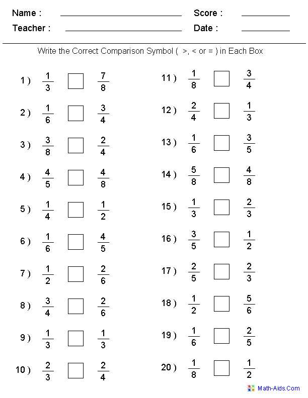 fraction test with answer key