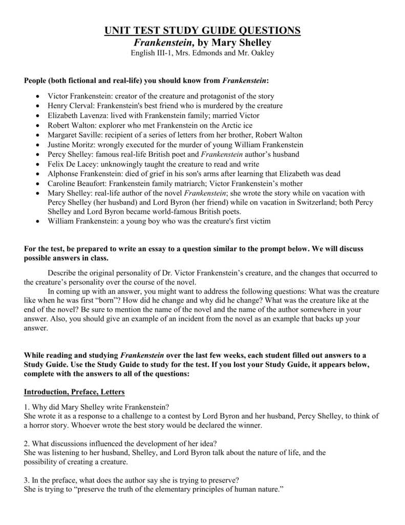 frankenstein final test answer key