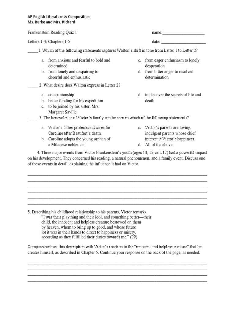 frankenstein multiple choice test questions and answers