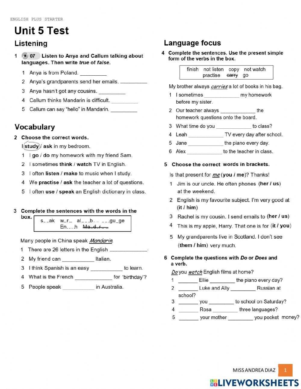 french 1 unit 5 test answers