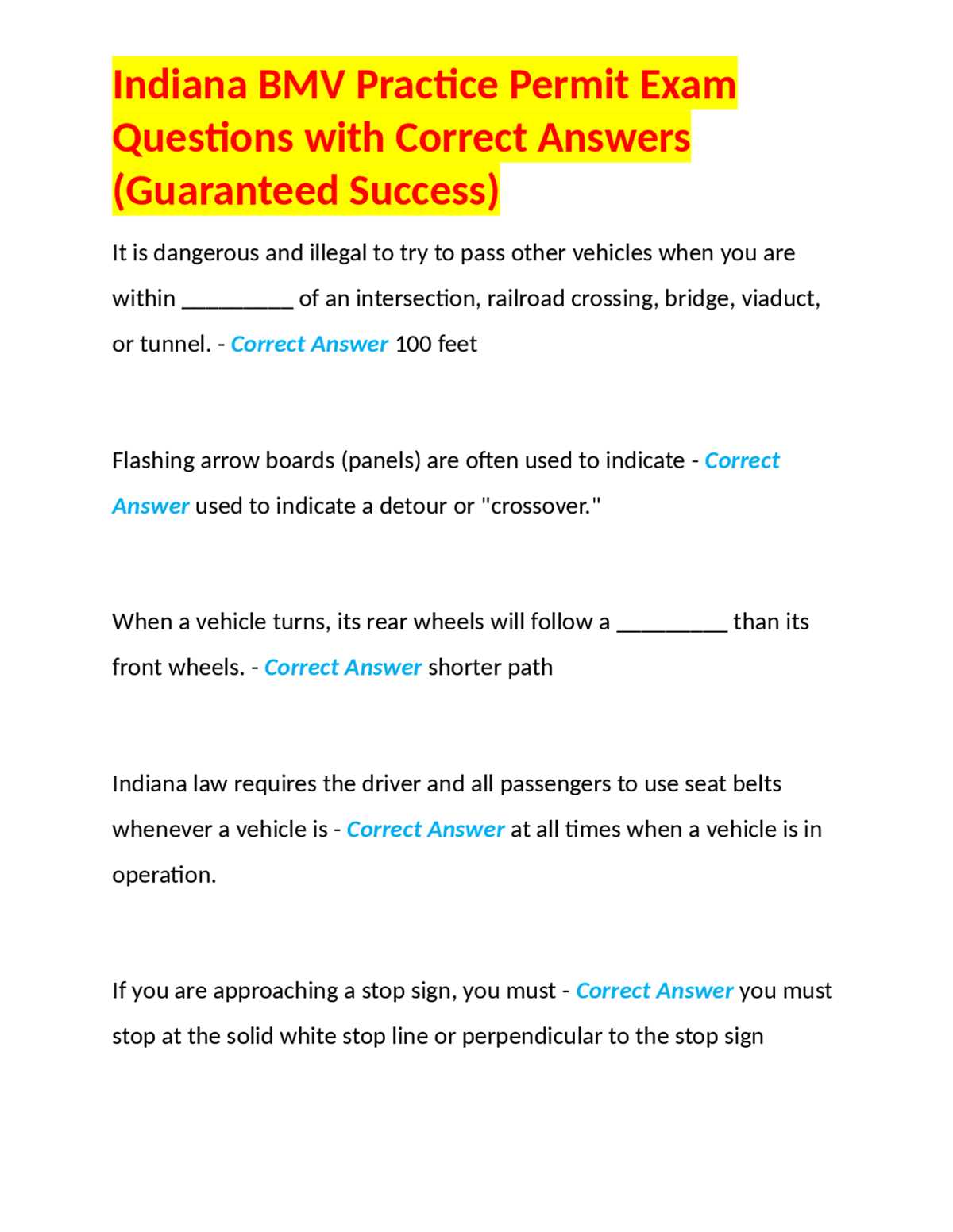 indiana driving test questions and answers