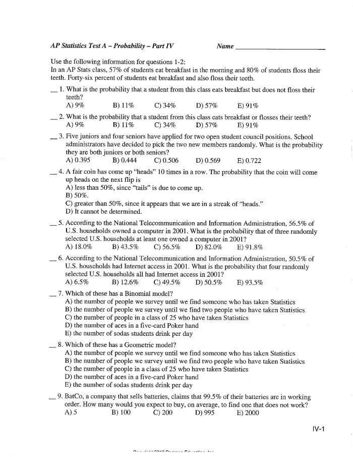 ap statistics chapter 5 test a answer key