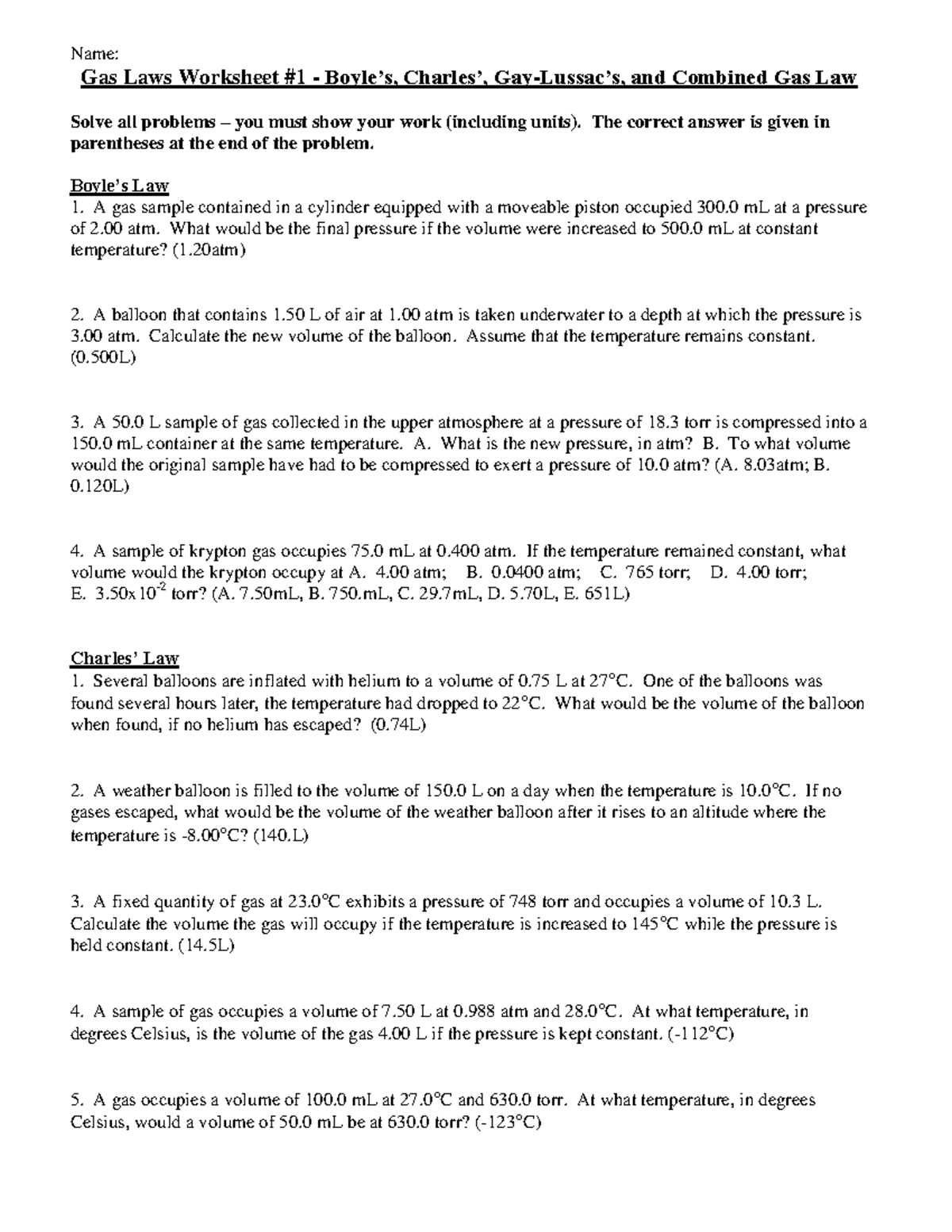 gas laws test answer key