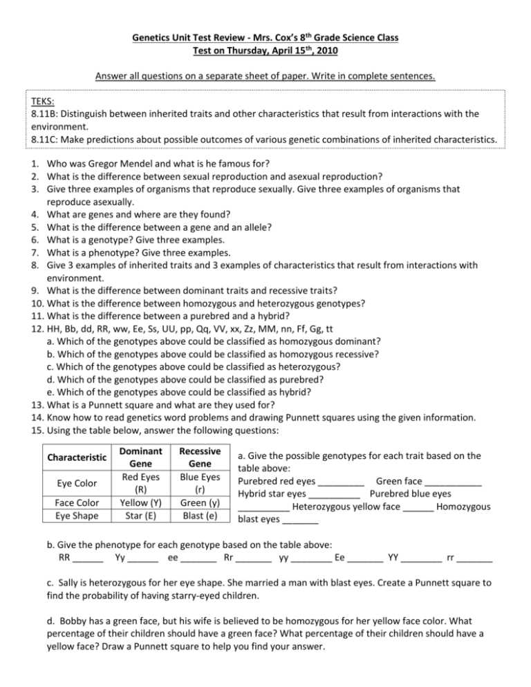 genetics test review answer key