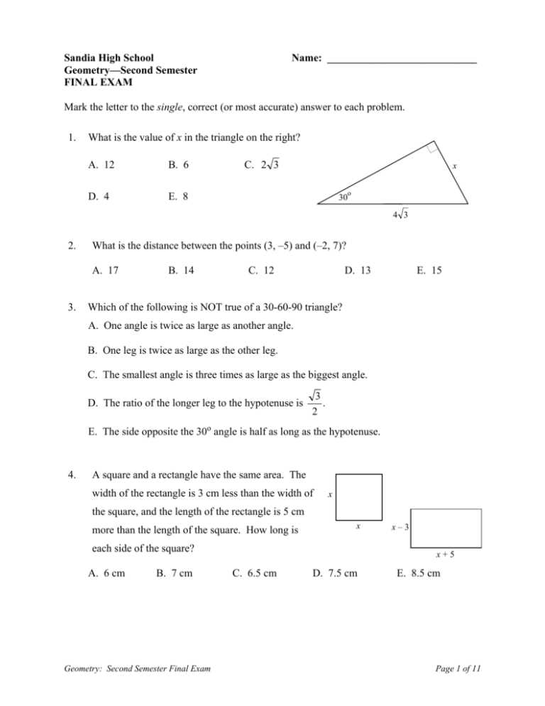 geometry a semester exam answers