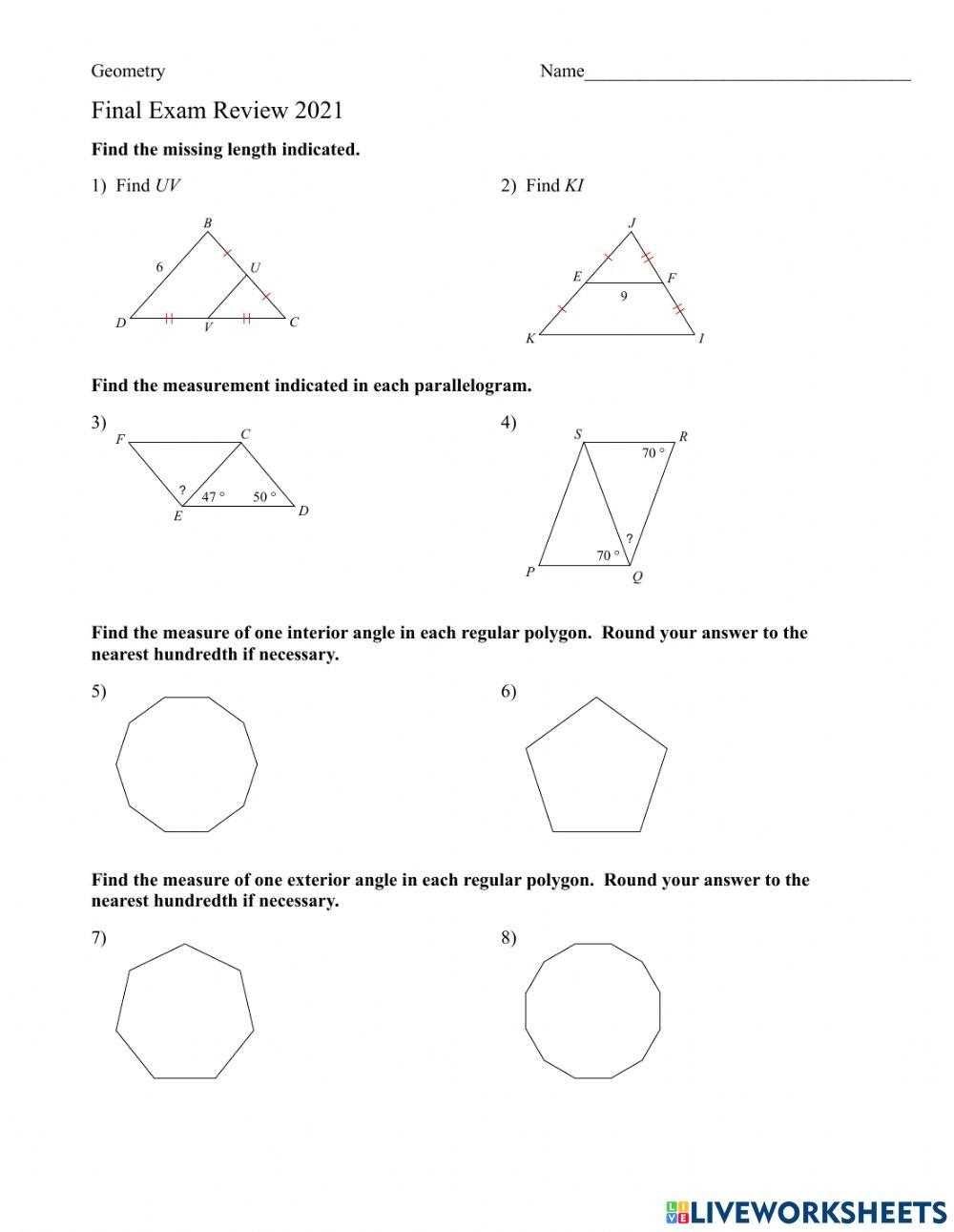 geometry final exam review answers