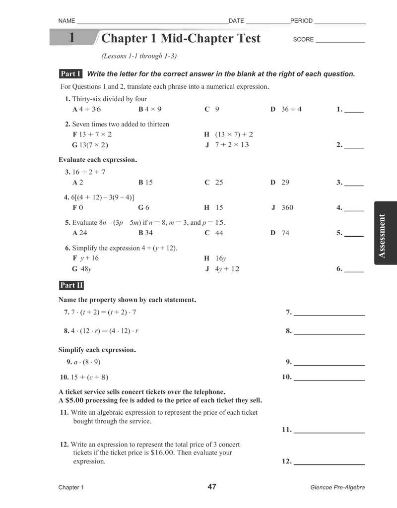 glencoe algebra 1 chapter 7 test answer key