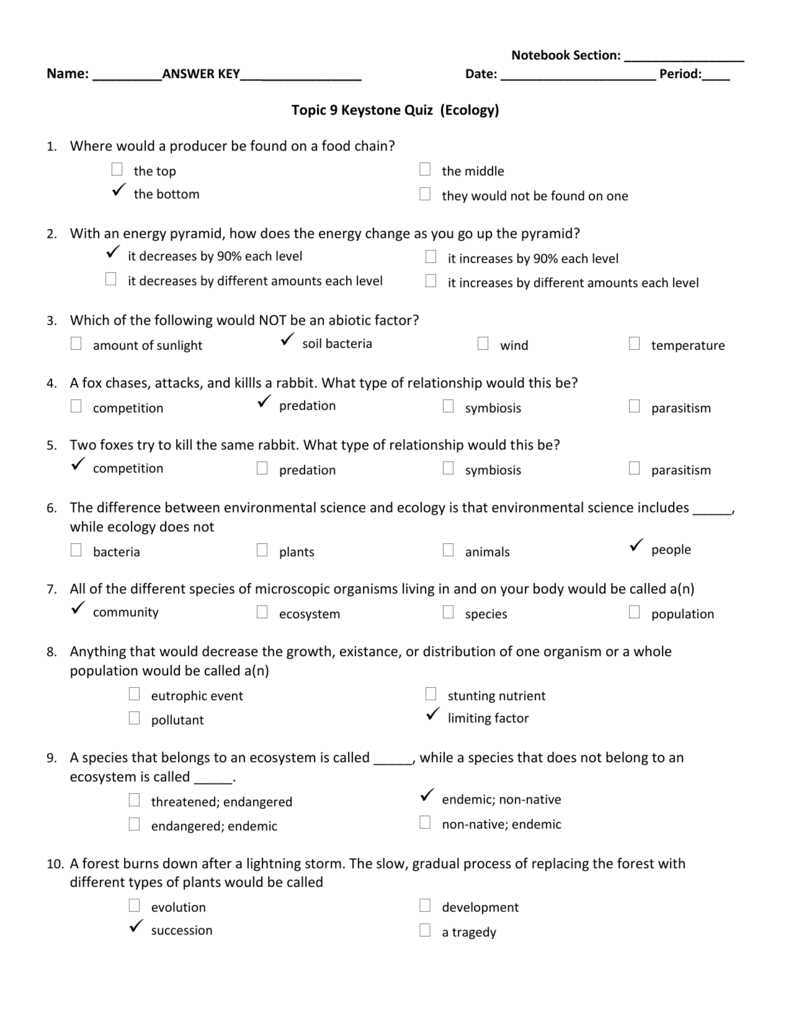 ecology test multiple choice answer key