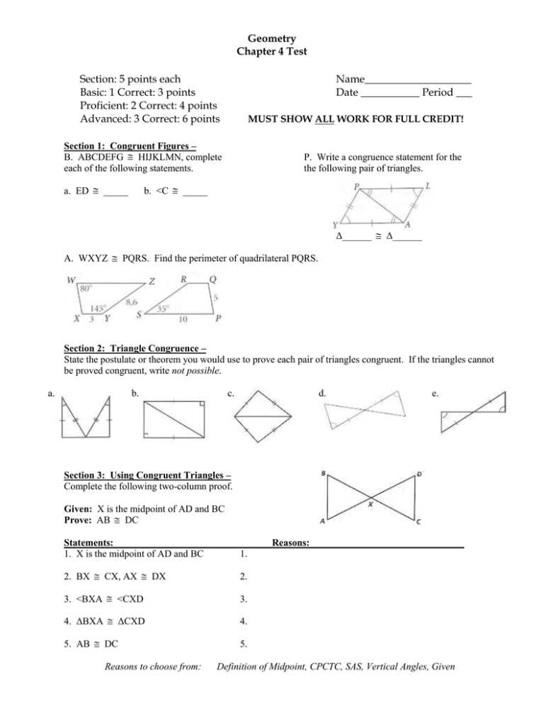 geometry test review congruent triangles answers