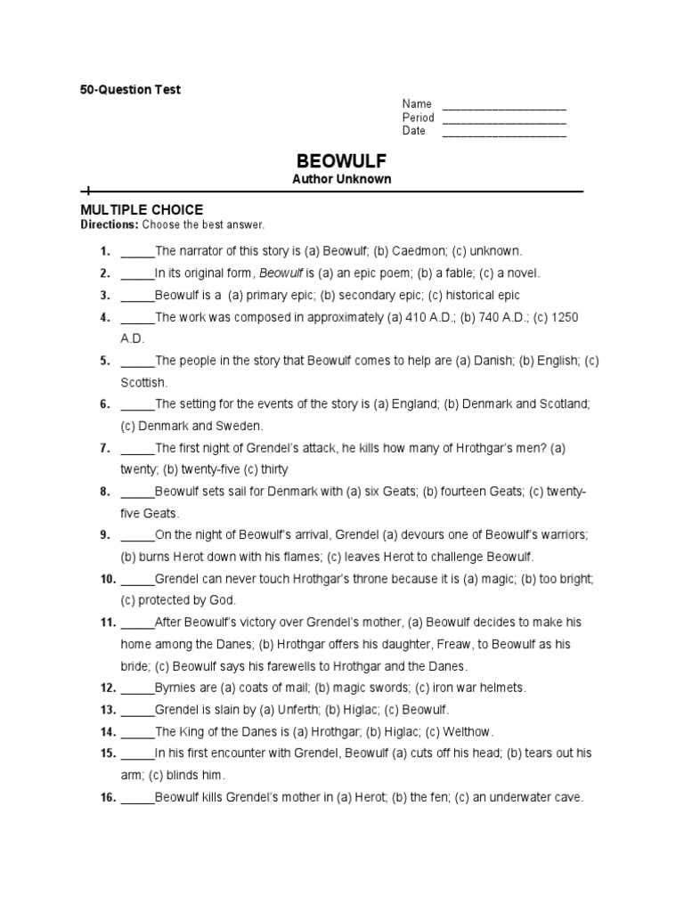 beowulf test with answers