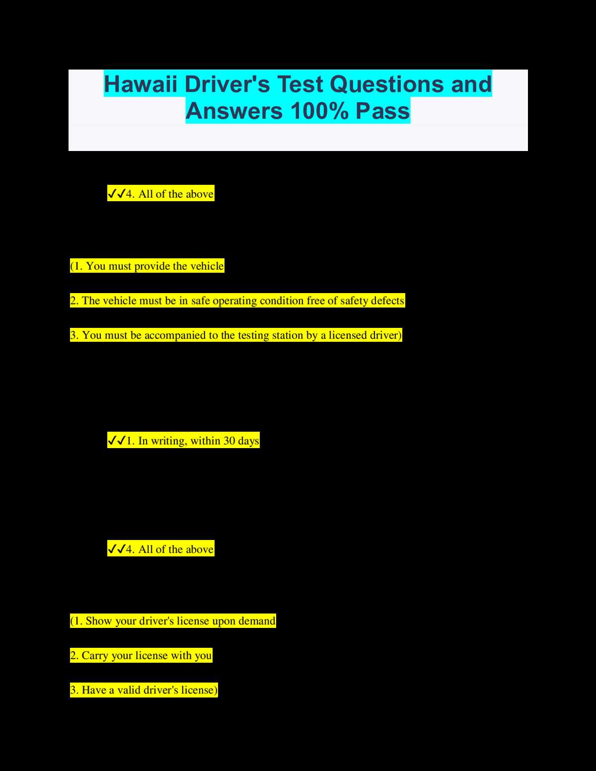 hawaii drivers manual test answers