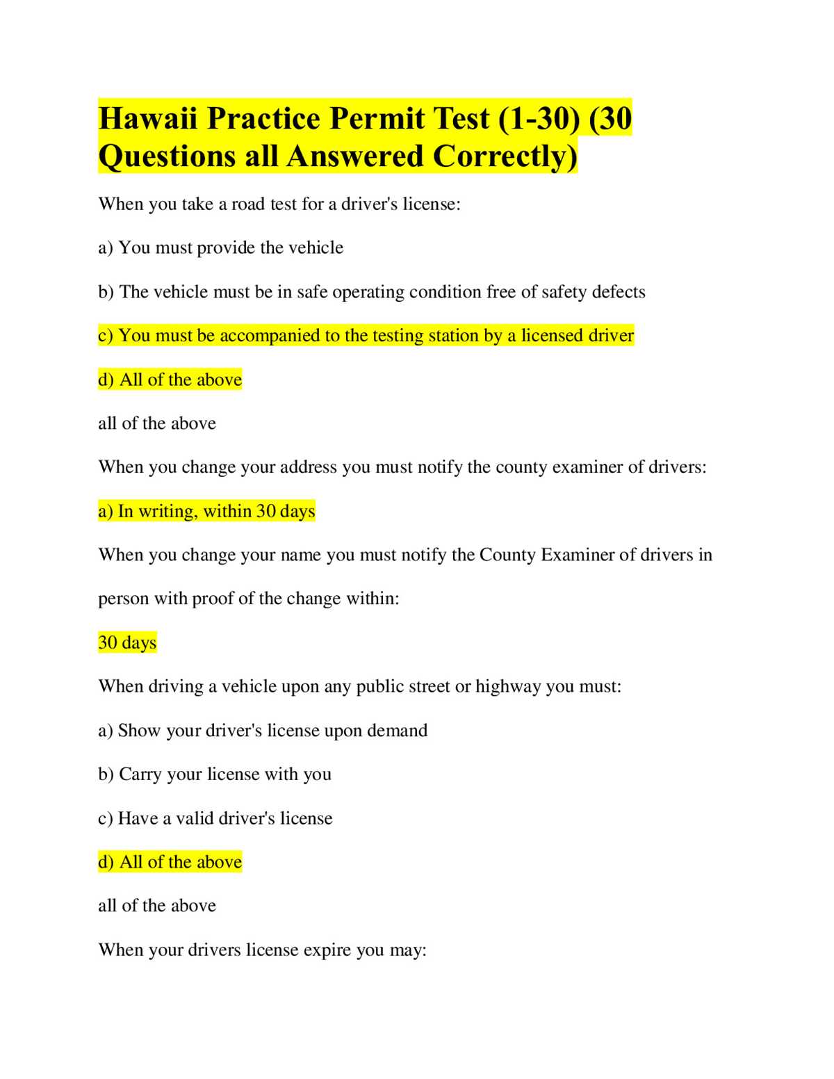 hawaii permit practice test answers
