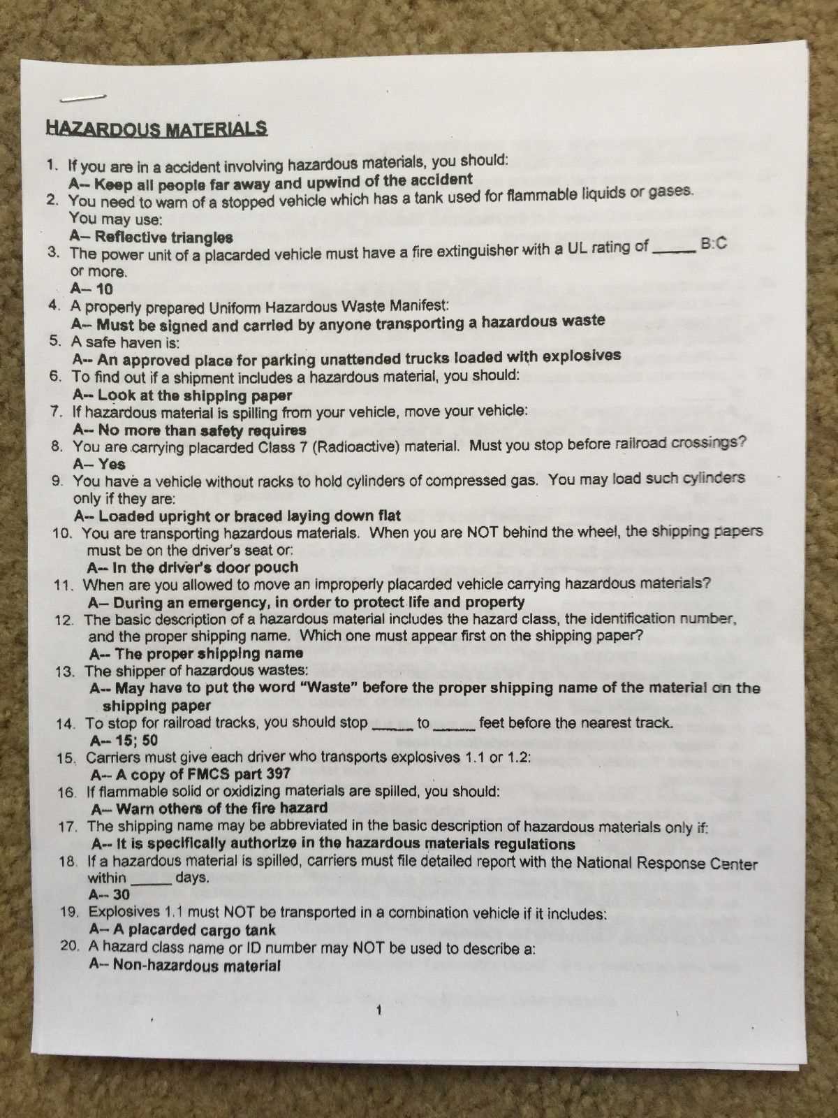 hazmat test answers
