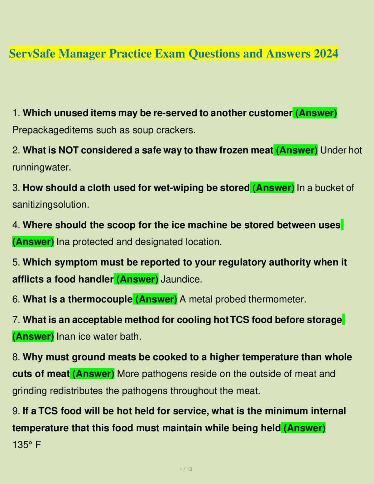 servsafe manager practice test and answer key
