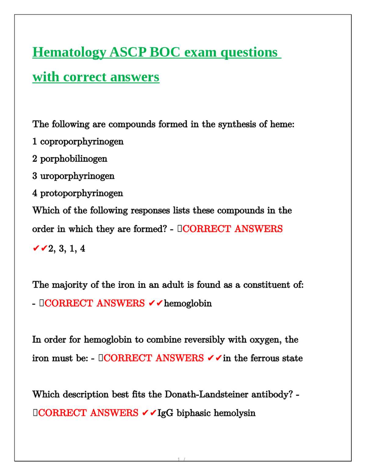 hematology exam questions and answers
