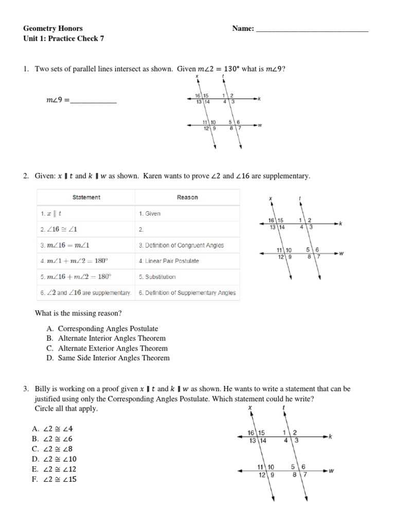 honors geometry chapter 1 test answers