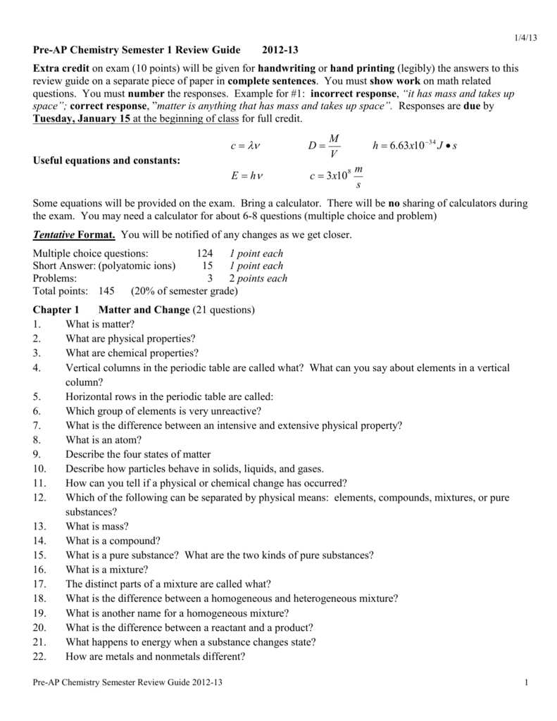 chemistry semester 2 exam review answers