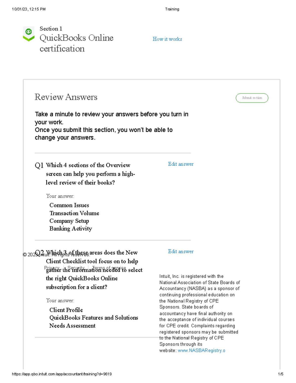 quickbooks online certification level 1 exam answers