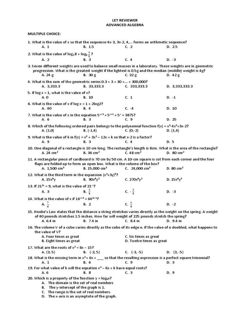 intermediate algebra test with answers
