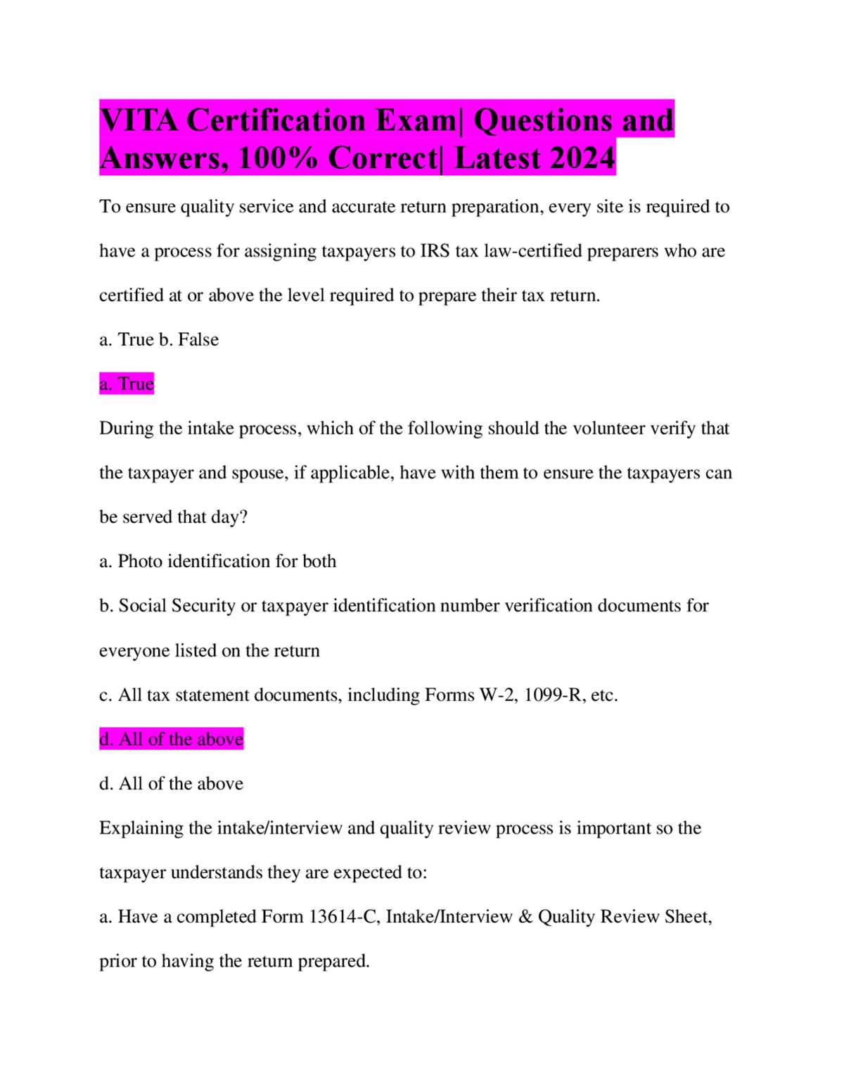 vita intake/interview and quality review exam answers