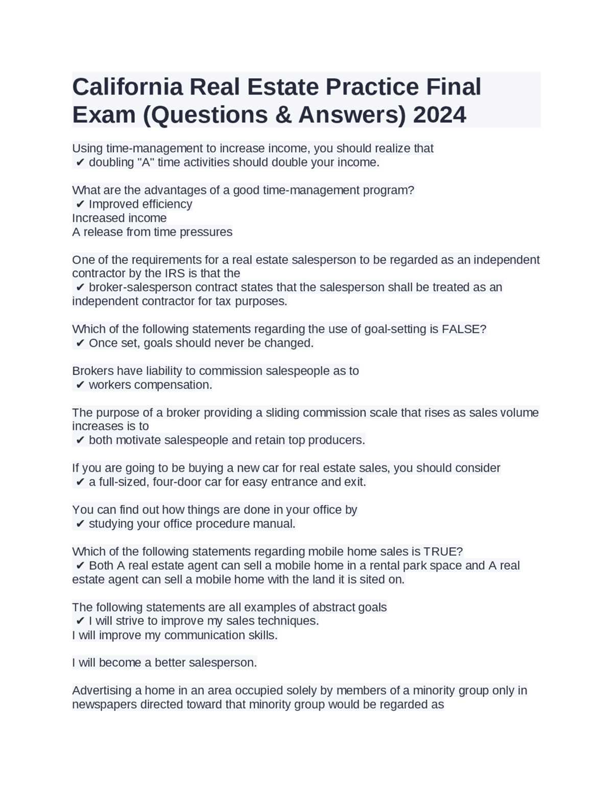 california real estate exam questions and answers
