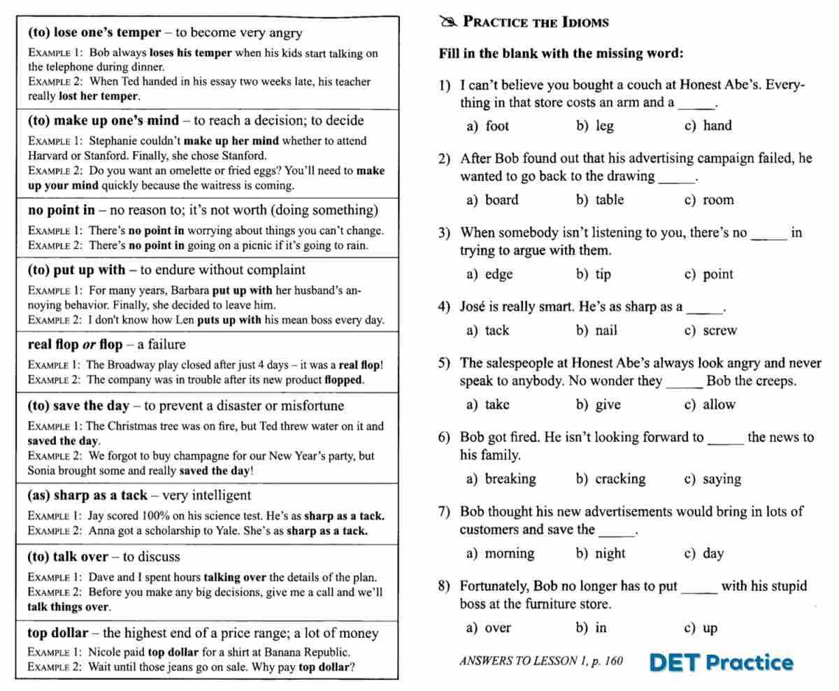 idioms test with answers