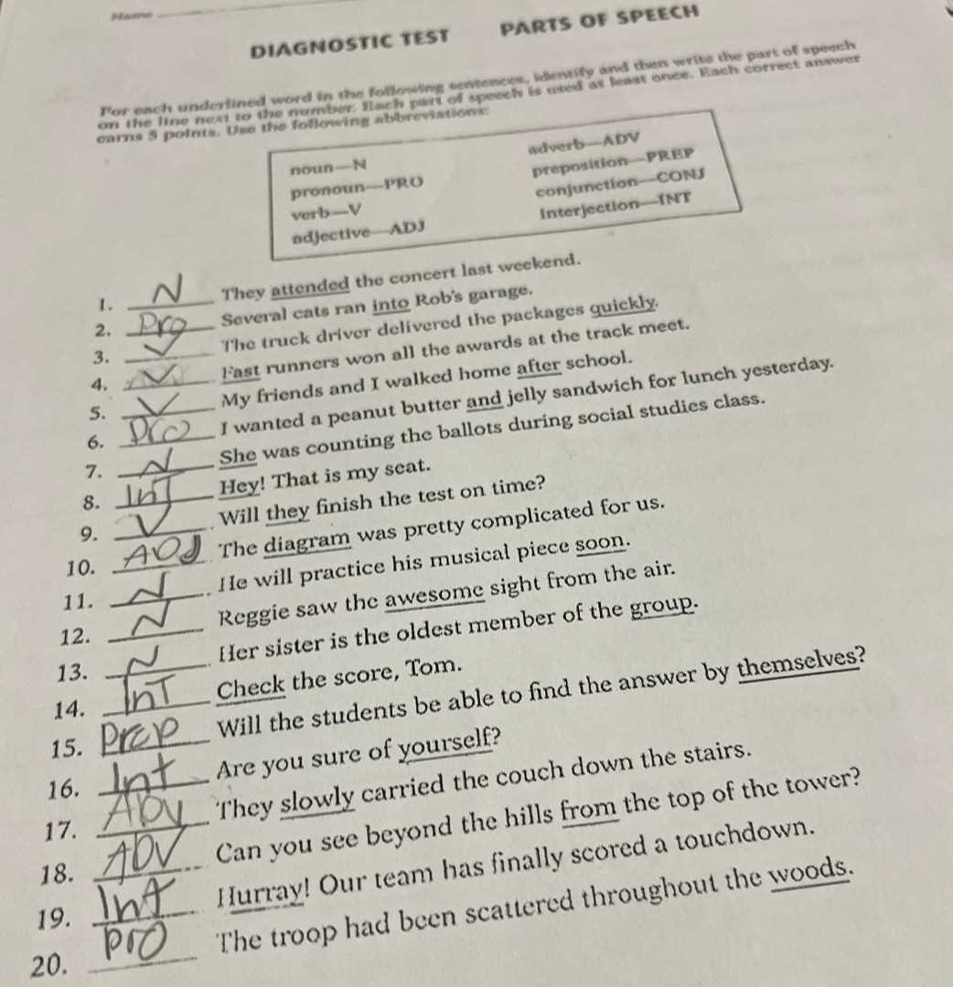 parts of speech test with answers