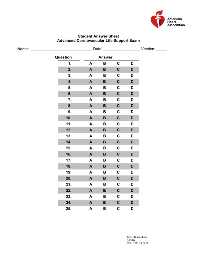 aha acls test answer sheet