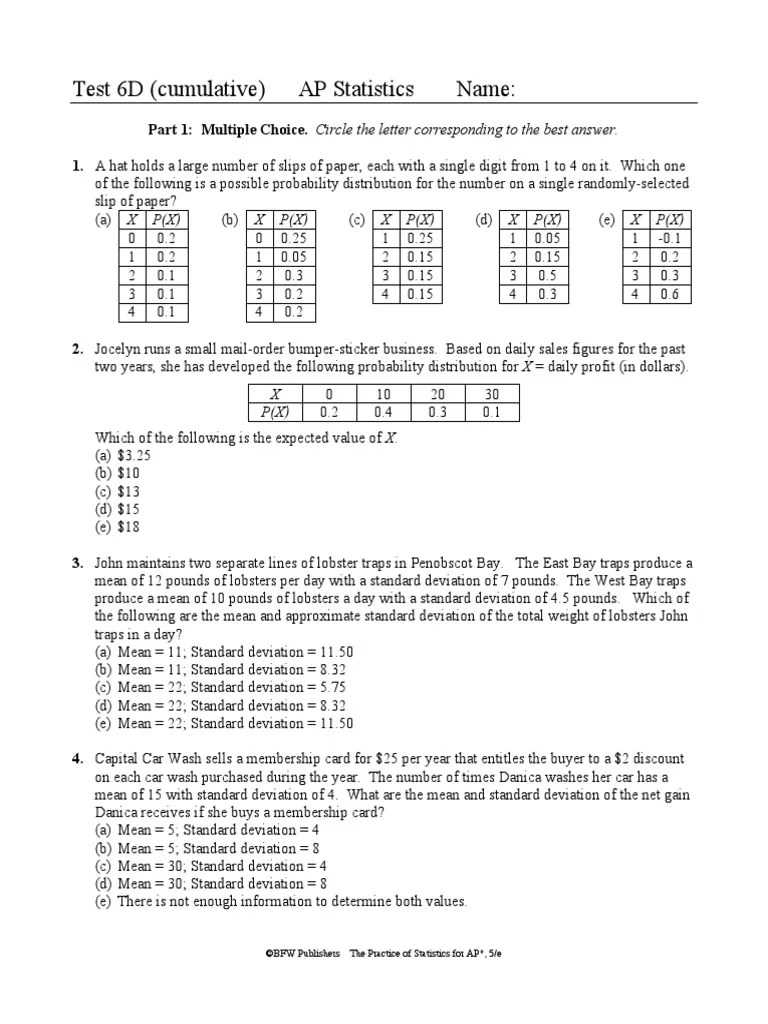 ap statistics test 2a answer