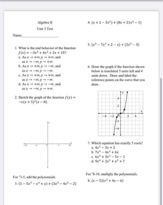 unit 3 test algebra 2 answer key