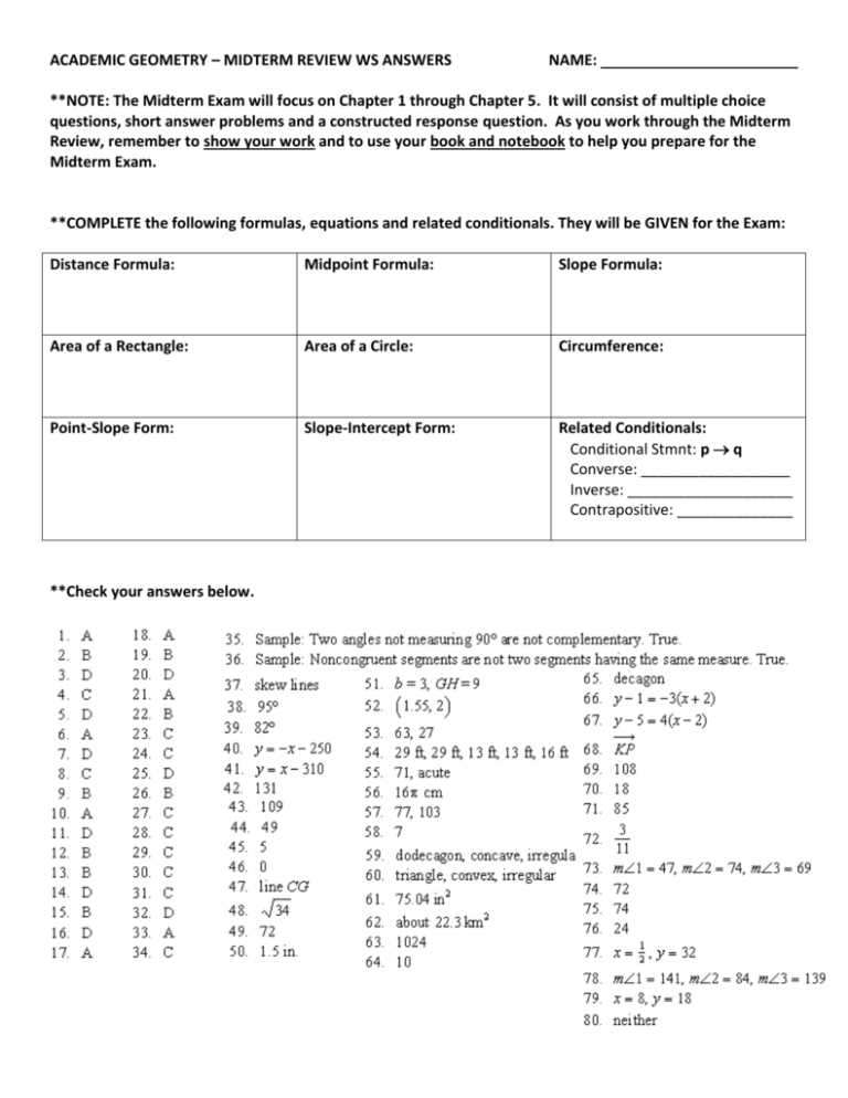 geometry midterm exam review answers