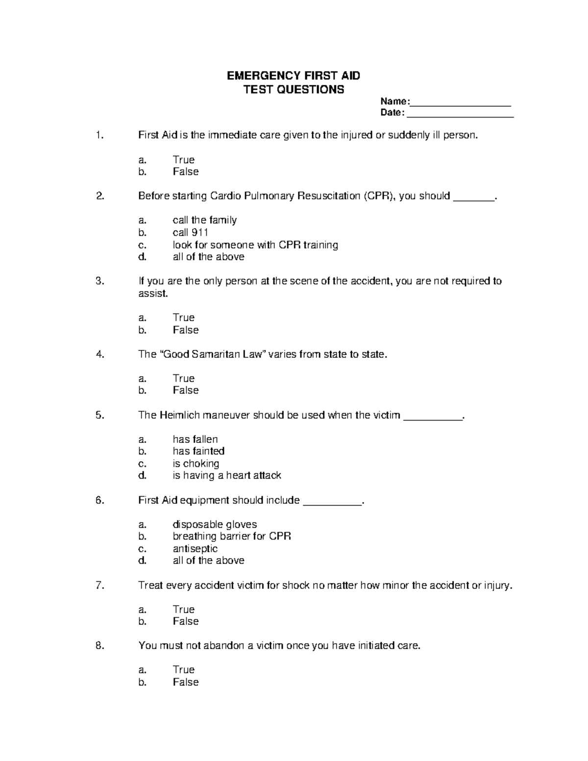 medic first aid test answers