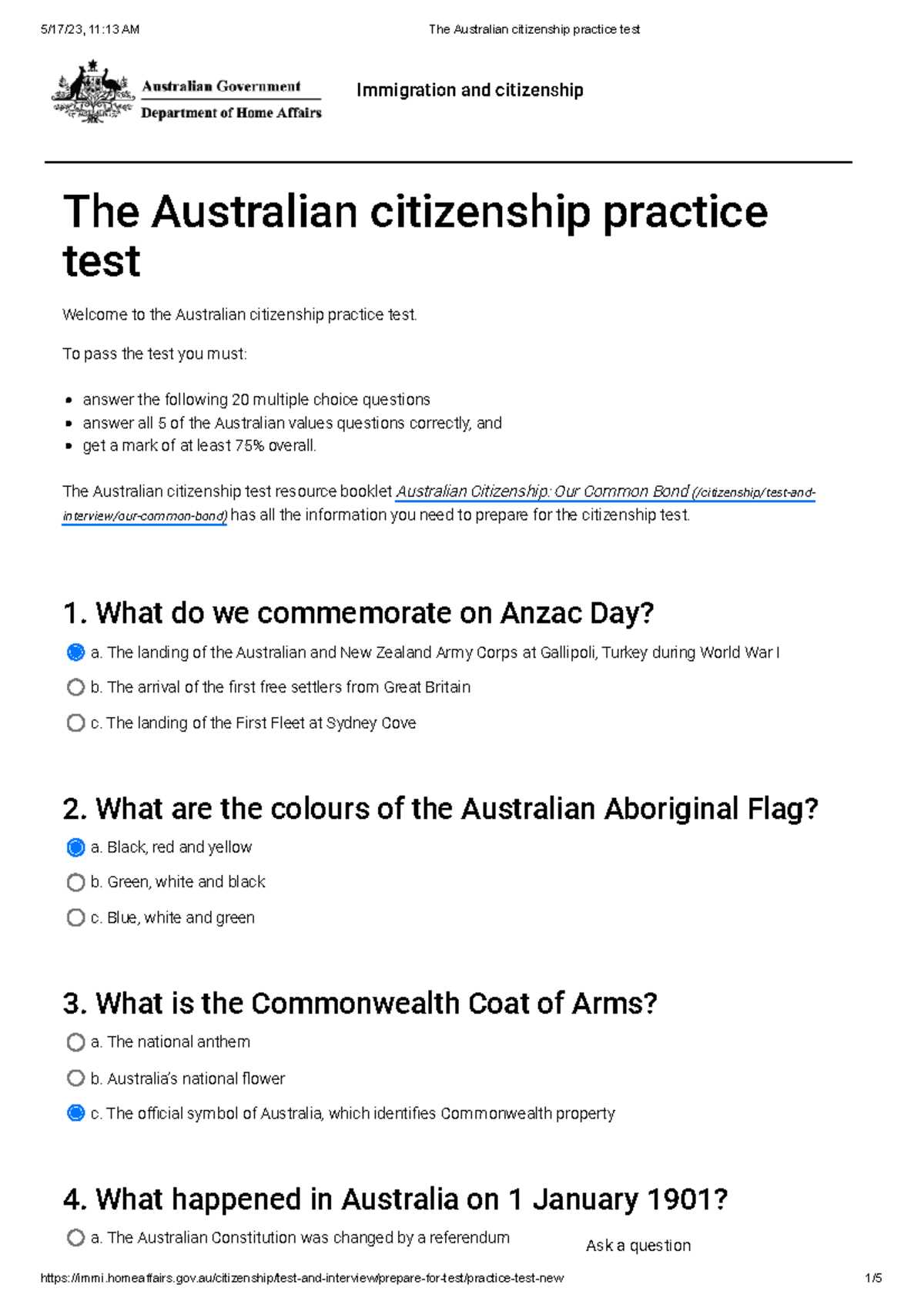 australian citizenship test answers