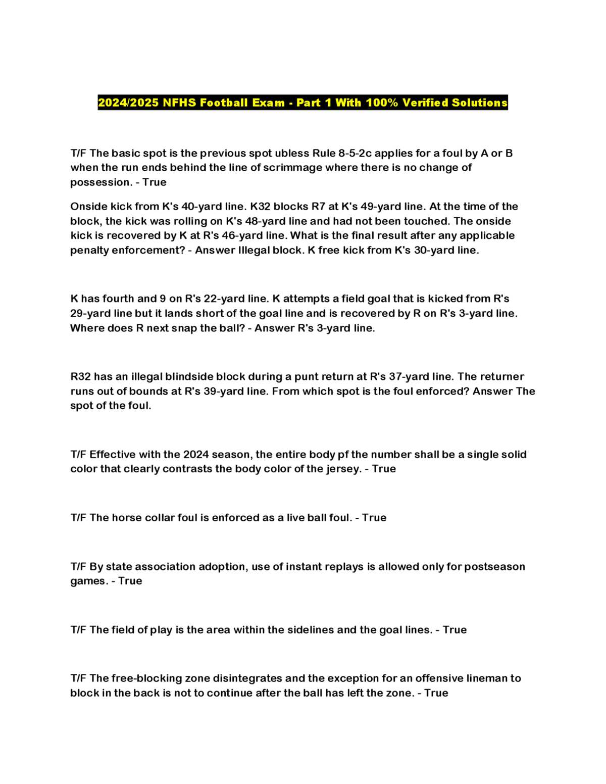 nfhs football exam part 1 answers